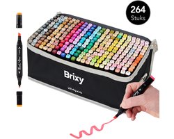 Brixy Twinmarkers 264 Stuks - Professionele Alcohol Markers - Dubbelzijdige Tip - Stiften - Opbergtas Met Houder — cadeau in Hobby