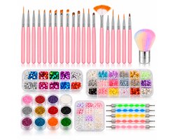 Mamosta® Nail Art XXL Kit - 100 Stuks - Nagel Penselen & Dotting Tools - Nagelstickers - Glitters, Microbeads & Schelpvlokken - Nagelsetje DIY - Bedazzling Strass Applicator - Bedazzle Rhinestones Diamantjes — cadeau in Verzorging