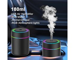 180ML Mini Luchtbevochtiger & Aroma Diffuser - USB-C Geurverspreider met LED Verlichting - Voor Auto, Thuis & Slaapkamer - Zwart — cadeau in Elektronica