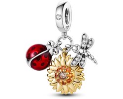 Fler® | Bedel | Past op populaire bedelarmbanden (standaard - 3mm) | Zonnebloem met Lieveheersbeestje en Libelle Bedel | Hangbedel Charm | 925 sterling zilver | Transparante & Oranje Zirkonia | Rode Emaille | Armband Kraal | Valentijnsdag Cadeau — cadeau in Sieraden