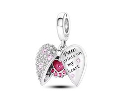 Fler® | Bedel | Past op populaire bedelarmbanden (standaard - 3mm) | Hart met Pootafdruk Bedel | Hangbedel Charm | 925 sterling zilver | Roze & Transparante Zirkonia | Roze Emaille | Valentijnsdag Cadeau | Sinterklaas kado | Kerstcadeau | Verjaardag — cadeau in Sieraden