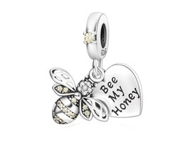 Fler® | Bedel | Past op populaire bedel armbanden (standaard-3mm) | armbandbedel | Bij met hart hanger | Bee my Honey Bedel | HangBedel Charm | 925 Sterling Zilver | Emaille zwart | Zirkonia lichtgeel | Verjaardagsgeschenk, cadeau | Valentijn kado — cadeau in Sieraden