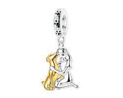 Fler® | Bedel | Past op populaire bedelarmbanden (standaard - 3mm) | Meisje met Hond Bedel | Hangbedel Charm | 925 sterling zilver | Transparante zirkonia | Zwarte emaille | Valentijnsdag Cadeau | Sinterklaas kado | Kerstcadeau | Verjaardagsgeschenk — cadeau in Sieraden