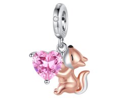 Fler® | Bedel | Past op populaire bedelarmbanden (standaard - 3mm) | Eekhoorn met Hart Bedel | Hangbedel Charm | 925 sterling zilver | Roze & Transparante zirkonia | Armband Kraal | Valentijnsdag Cadeau | Sinterklaas kado | Kerstcadeau | Verjaardag — cadeau in Sieraden