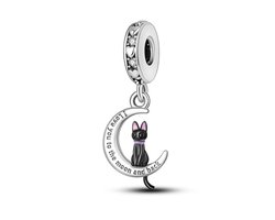 Fler® | Bedel | Past op populaire bedel armbanden (standaard-3mm) | armbandbedel | Bedel zwarte kat op maan | Huisdier | “I Love you to the moon and back” | Bedel Charm | 925 Sterling Zilver | zwart, roze, paars | Zirkonia | Cadeau | Valentijn kado — cadeau in Sieraden