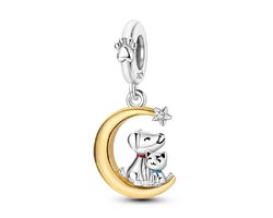 Fler® | Bedel | Past op populaire bedelarmbanden (standaard - 3mm) | Hond en Kat op Maan Bedel | Hangbedel Charm | 925 sterling zilver | Transparante zirkonia | Blauwe, Rode & Zwarte emaille | Armband Kraal | Valentijnsdag Cadeau | Sinterklaas kado — cadeau in Sieraden