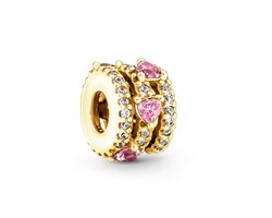 Fler® | Bedel | Past op populaire bedelarmbanden (standaard - 3mm) | Goudkleurige Hartjes Spacer Bedel | Hangbedel Charm | 925 sterling zilver | Roze & transparante zirkonia | Valentijnsdag Cadeau | Sinterklaas kado | Kerstcadeau |Verjaardagsgeschenk — cadeau in Sieraden