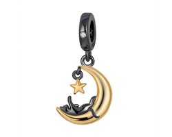 Fler® | Bedel | Past op populaire bedel armbanden (standaard-3mm) | armbandbedel | Kat op de Maan Bedel | Hangbedel Charm | 925 sterling zilver | Zirkonia | Zwarte & Goudkleurige emaille | Vriendschap, Verjaardag, Cadeau | Valentijn kado — cadeau in Sieraden
