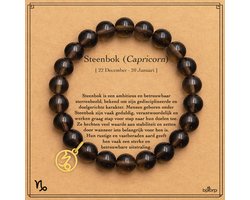 Bixorp Sterrenbeeld Steenbok Armband van Rookkwarts - Edelsteen Kralenarmband met Zodiac Capricorn bedel - 8mm / 20 cm — cadeau in Sieraden
