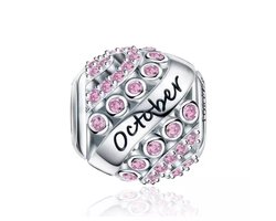 Oktober Maand Bedel - 925 Sterling Zilver & Roze Zirkonia - RomyStones — cadeau in Sieraden