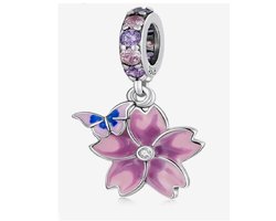 Bedel Vlinder en Bloem - Voor Bedelarmband - 925 Zilver - Romystones — cadeau in Sieraden