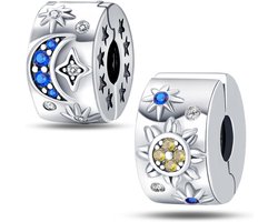 Sterling Zilveren Bedel Clip met Zirkonia Ster, Maan en Blauwe Vlinder - Geschikt voor Pandora Armbanden — cadeau in Sieraden