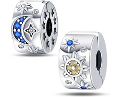 Sterling Zilveren Bedel Clip met Zirkonia Ster, Maan en Blauwe Vlinder - Geschikt voor Pandora Armbanden — cadeau in Sieraden