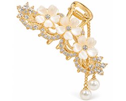 Goudkleurige haar clip voor dames – bloemvormige decoratieve haar klem met parel hanger en kristal details – elegante stijlvolle haar accessoire — cadeau in Sieraden