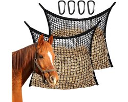 2 stuks hooizak voor paarden, 80 x 90 cm, hooitas voor 8 kg hooi met 4 karabijnhaken, stabiele, grote robuuste hooizak voor paarden, ossen en schapen, zwart — cadeau in Cadeau-ideeën
