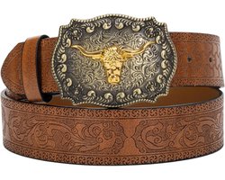 Eohak Western-leren riem met cowboy-gesp voor heren en dames, jeans, gegraveerde bloemetjes, longhorn Bull Texas gesp (84-104 cm taille) — cadeau in Mode & Accessoires