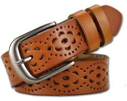 Dames riem - Tailleband - Vintage damesriem van echt leer - Modieus uitgesneden bloemenpatroon - Damesriem - Gouden gesp - Perfect voor jeans — cadeau in Mode & Accessoires
