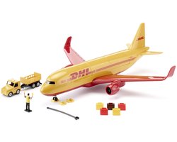 SIKU 1702, DHL vrachtvliegtuig met accessoires, metaal/kunststof, rood/geel, speelgoed model, incl. bagagewagen en luchtverkeersleider — cadeau in Spellen & Speelgoed