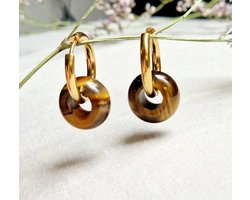 Oorringen met Donut hanger - Tijgeroog - bruin zwarte (half)edelsteen - Stainless Steel - goudkleurige oorbellen met hanger — cadeau in Sieraden