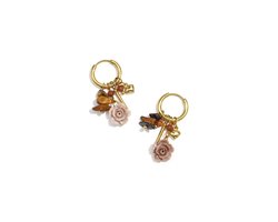 Oorbellen - Oorringen - Met bedels - Goudkleurig - Bruin - Stainless steel — cadeau in Sieraden
