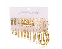 12 Paar Goudkleurige Oorbellen Set voor Dames – Mix van Hoepels, Gedraaide Designs en Parel-look Accenten in Diverse Maten — cadeau in Sieraden