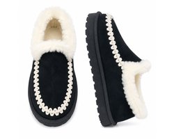 Dames Pantoffels – Warme Sloffen Dames – Huisschoenen voor Binnen & Buiten – Bontvoering – Stevige Zool Maat 36 – Zwart – Valt klein, bestel 1 maat groter — cadeau in Mode & Accessoires