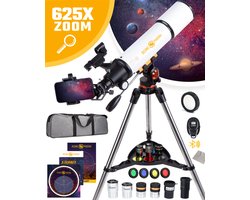 RP® Telescoop 625x Zoom Sterrenkijker incl 6 lenzen en Filterset Deluxe Set - Volwassenen / Gevorderden - Verstelbaar Statief - Afstandsbediening, Planisfeer, Leerboek en Smartphone Adapter + Poster - Wit — cadeau in Hobby