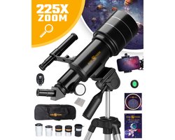 RP® Telescoop 225x Zoom incl 5 lenzen Maafilter en planisfeer - Sterrenkijker Kinderen / Volwassenen - Verstelbaar Statief - Afstandsbediening, Leerboek en Smartphone Adapter - Zwart — cadeau in Hobby