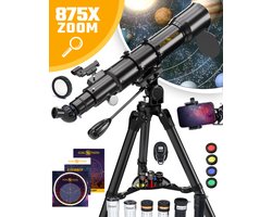 RP® Telescoop 875x Zoom incl 6 lenzen en Filterset - Sterrenkijker Volwassenen / Gevorderden - Verstelbaar Statief - Afstandsbediening, Planisfeer, Leerboek en Smartphone Adapter + Poster - Zwart metalic — cadeau in Hobby