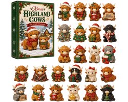 highland cow kerst adventskalender 2026 - 24 stuks - bruin wit zwart - acryl materiaal - 5cm - hoogland koe kerst hangornamenten - kerst aftelkalender - kerstboom decoratie - geschikt voor kerstfeest en cadeau — cadeau in Wonen & Interieur