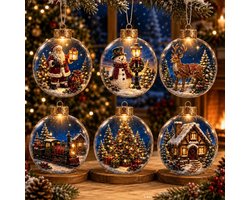 kerstbal - set van 6 Verlichte kerstornamenten met tafereeltjes - Ø 8cm - Met Warm Licht & Goudkleurig Kapje - Klaar om op te hangen - Platte acryltaferelen - Feestelijk cadeau-idee - Kerstboomhangers - Voor Kerstboom, Krans, Raam & Feestdecoratie — cadeau in Wonen & Interieur