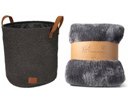 Jens Living Bouclé - Opbergmand & Woondeken Set - Antraciet Mand met Grijze RPET Fishbone Plaid - Stijlvolle Woonaccessoires - Duurzaam & Zacht — cadeau in Wonen & Interieur