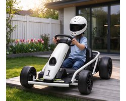 Elektrische Drift‑Kart Go‑Kart 24V - Kinderkart met 2x300W Motoren - 24V 9Ah Accu - Metalen Frame - Voorwielen EVA Banden, Achterwielen Slijtvaste Nylon Banden - Hoge & Lage Snelheid, Vooruit/Achteruit Schakelaar - Muziekfunctie - Wit‑Zwart — cadeau in Spellen & Speelgoed