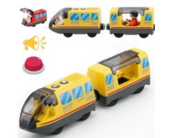 Elektrische Trein met Magnetische Koppeling, Compatibel met Houten Treinbanen, Batterij Aangedreven Speelgoedtrein met Vooruit/Achteruit Functie en Geluidseffecten, voor Kinderen vanaf 3 Jaar - geel — cadeau in Spellen & Speelgoed