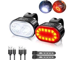 Rieba® Fietsverlichting USB Oplaadbaar - Verlichtingsset Fiets - Koplamp 4 Lichtstanden - Achterlamp 6 Lichtstanden - LED Fietslamp - Fietslampjes - Fietslichten - Waterdicht IPX6 - Valbestendig - 2-Delig - Inclusief Kabels - Wit - Rood — cadeau in Sport & Outdoor