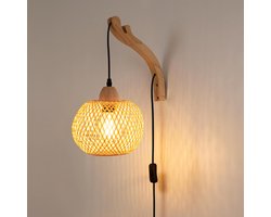 Wandlamp Riet en Hout met Stekker - Natuurlijke Binnenverlichting E27 Fitting — cadeau in Wonen & Interieur