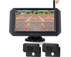 MasonPro Achteruitrijcamera Set met 2 Camera’s - Draadloos - Achteruitrij Camera voor Auto, Bus, Camper, Caravan Vrachtwagen en Landbouw - IP69 Waterdicht - IR Nachtzicht 15 M - 5 Inch — cadeau in Elektronica
