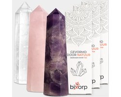 Bixorp Gems Edelsteen Punt set van Gouden Driehoek - Rozenkwarts + Amethist + Bergkristal - Edelstenen Obelisk - Decoratieve Toren van 100% Natuurlijke Edelsteen - 6 tot 8cm — cadeau in Wonen & Interieur
