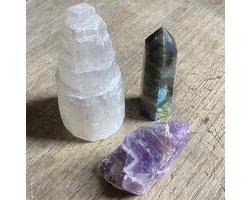 Trio Intuïtie - Labradoriet Punt - Seleniet Toren - Ruwe Amethist - Obelisk - Edelsteen - Cadeau - Reiki - Chakra - Decoratie - Interieur — cadeau in Cadeau-ideeën