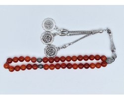 Handgemaakte tesbih klassiek - "Tasbih" natuursteen "Rood Agaat" - Aantal kralen 33 - Diameter kralen 8 MM - met metaal tassel "Allah muzakhrafa" - Een mooi cadeau-idee — cadeau in Sieraden