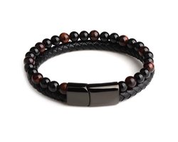 Soraro Agaat Kralen Armband | Edelstaal | Magneet Sluiting | Heren | leer en kralen | Zwart 21cm | Soraro Armbanden | Cadeau voor hem — cadeau in Sieraden