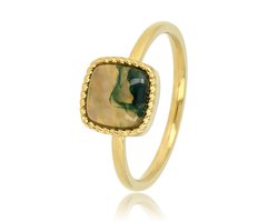 My Bendel - Goudkleurige Kleine Zegelring met Moss Agate Edelsteen - Goudkleurige Zegelring met Moss Agate Edelsteen - met Luxe Cadeauverpakking | Sieraden Voor Dames | Maat 18.00 Mm / Maat 57 — cadeau in Sieraden