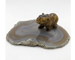 Geschenkset Agaat schijf met een beertje van Tijgeroog - Geschenk - Kado - Gift - Cadeau - Verjaardag - Mineralen - Edelsteen — cadeau in Cadeau-ideeën