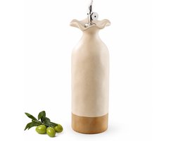 Olijfolie fles - 600 ml - Olie Dispenser - Keramische Oliekan - Aardewerk met Automatische RVS Schenktuit & Lichtdicht - Geschikt voor Olijfolie, Azijn, Koken - 8 x 26.5 cm - Beige — cadeau in Kookcadeaus