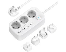 Internationale Reizenadapter - Type A/C/G/I/M/D - Compact met 1,5 m Kabel - Met 3 Stopcontacten en 4 USB-poorten - Voor Wereldwijde Reizen — cadeau in Cadeau-ideeën