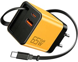 65W Snelle USB-C Oplader met Oprolbare Kabel – GaN Netadapter met 3 PD-poorten – Geschikt voor iPhone 17/16/15 Pro Max – Geschikt voor Samsung Galaxy S24/S23 – Geschikt voor MacBook – Geschikt voor iPad – Compacte Reis Muradapter — cadeau in Gadgets