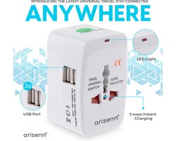 Arisenn® Wereldreiziger + USB : Alles-in-één Reisstekker voor 150+ Landen | USB & AC | Compact & Lichtgewicht | Perfect voor Reis & Thuis | 2 USB ports — cadeau in Gadgets