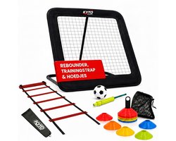 Kyto Sports Voetbal Trainingsset 3-delig – Rebounder 100x100 cm, 50 Markeerhoedjes & Coördinatieladder 6 m – Voor Voetbaltechniek, Agility, Snelheid, Footwork en Conditie — cadeau in Tuin & Klussen