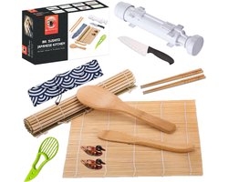 Mr. Sushito XXL Sushi Bazooka set - Sushi Set - Sushi maker - Sushi Servies - Mal - Avocado Snijder - Mes - 4 persoons - Bamboematten - Wit — cadeau in Kookcadeaus
