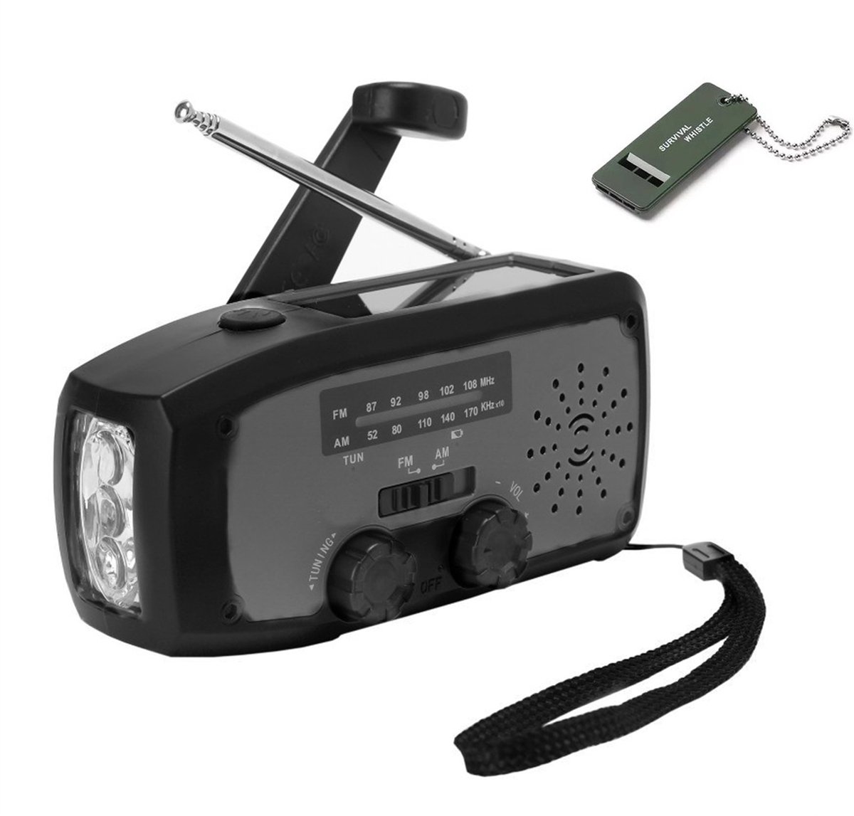 Noodradio Survival - AM/FM - Radio Op Batterijen (Accu) Voor Rampen - Noodfluit - 2000 mAh Solar Powerbank - Survivalradio - Noodradio Solar Opwindbaar - Zaklamp - Powerbank Zonneenergie - USB C - Noodpakket voor Thuis